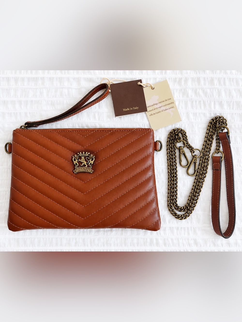 Pratesi Firenze Quilted Leather Wristlet Clutch in Cognac